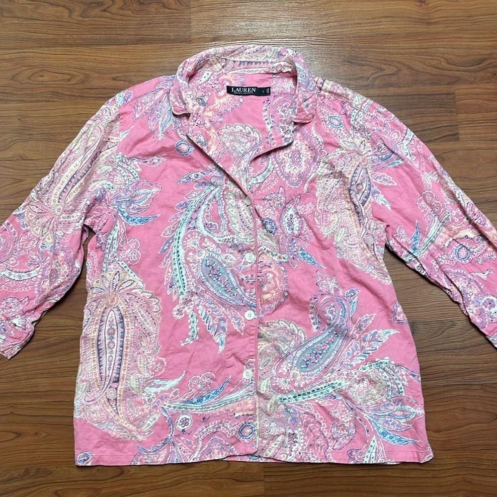 Lauren Ralph Lauren Paisley Button Up Flannel Shirt PJ Top size large - Picture 2 of 7